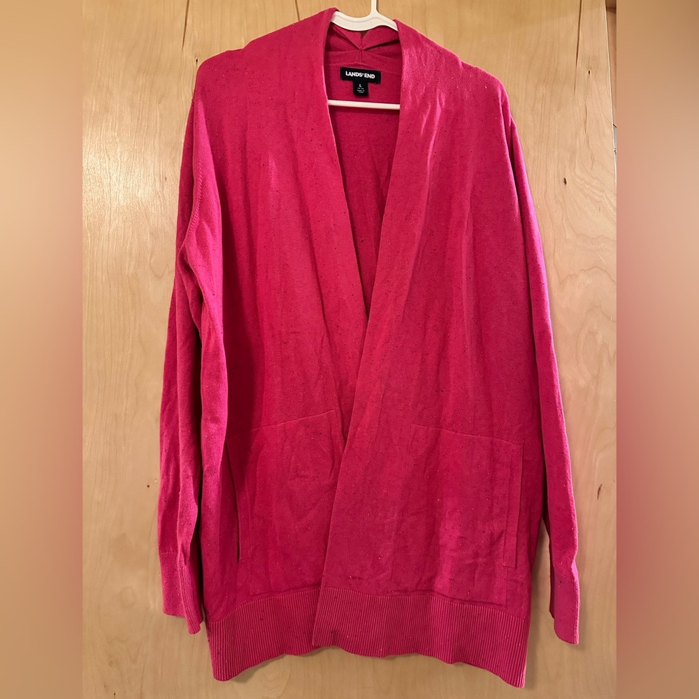 Lands' End Women's Bright Pink Cardigan with Colorful Flecks and Front Pockets